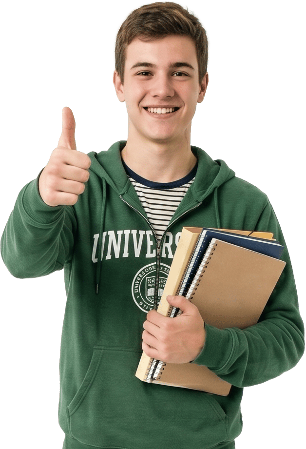 Estudiante usuario de la plataforma sonriendo con un pulgar hacia arriba